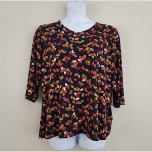 SUSAN GRAVER Size 1X Abstract Printed Liquid Knit Blouse 3/4 Sleeve V-Neck Top
